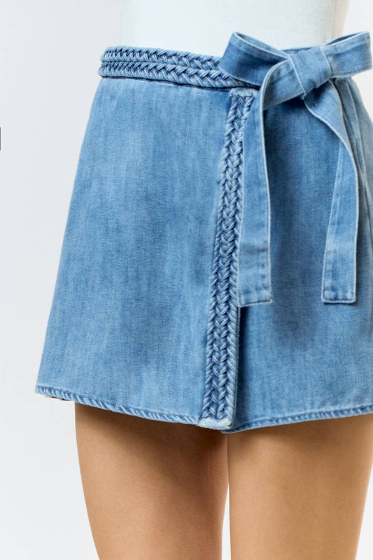 Braided Light Denim Wrap Skort