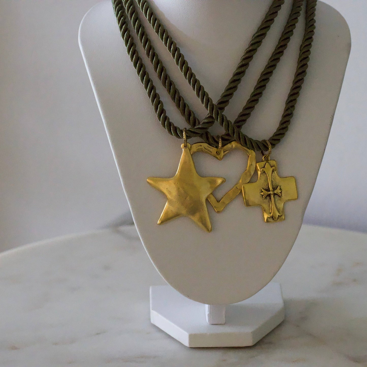 Silk Cord Pendant Necklace – Gold Star, Heart, or Cross